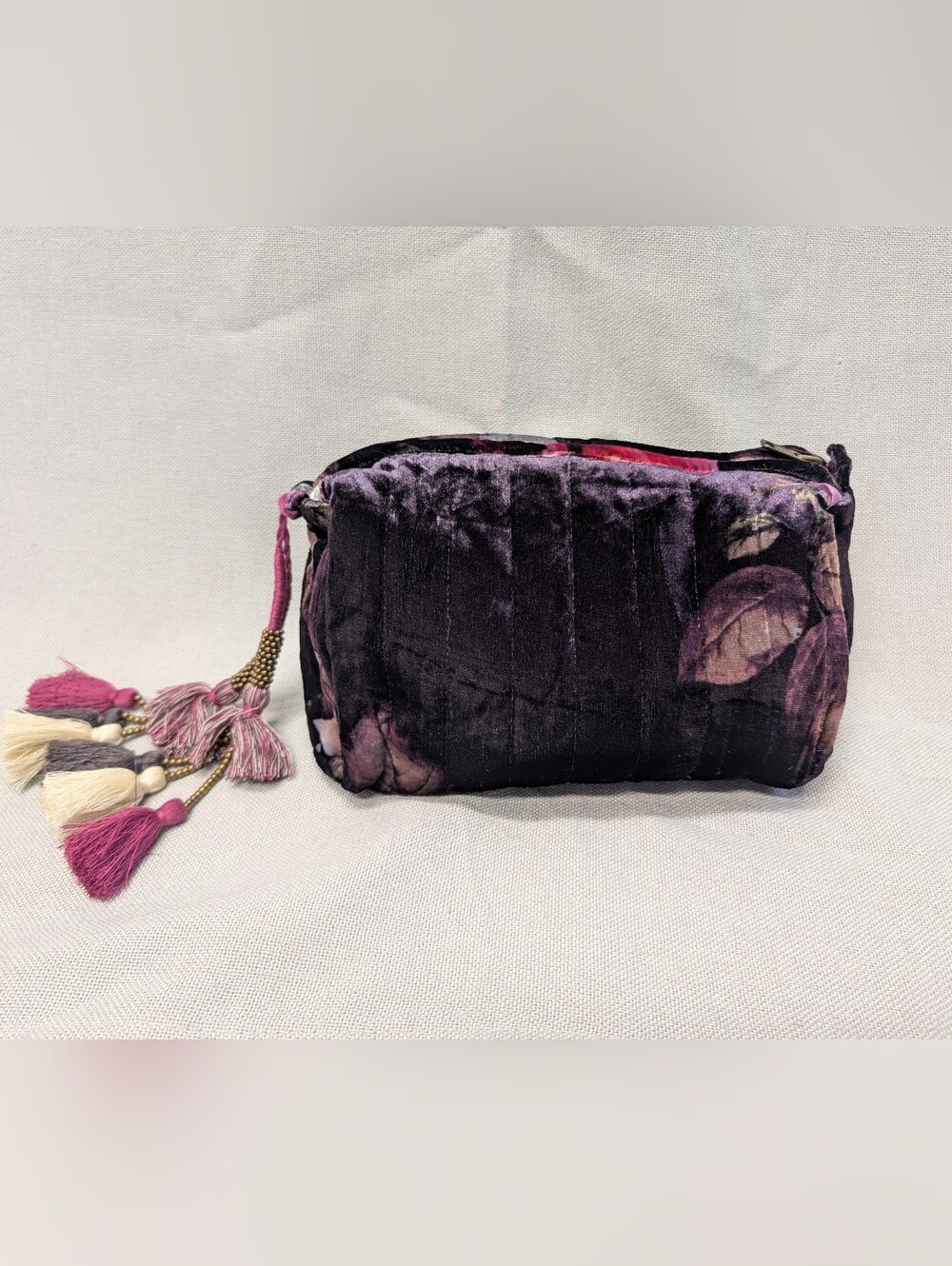 Johnny Was Silk Plush Velvet Tassel Clutch Cosmetic Pouch With Zip Closure NWOT